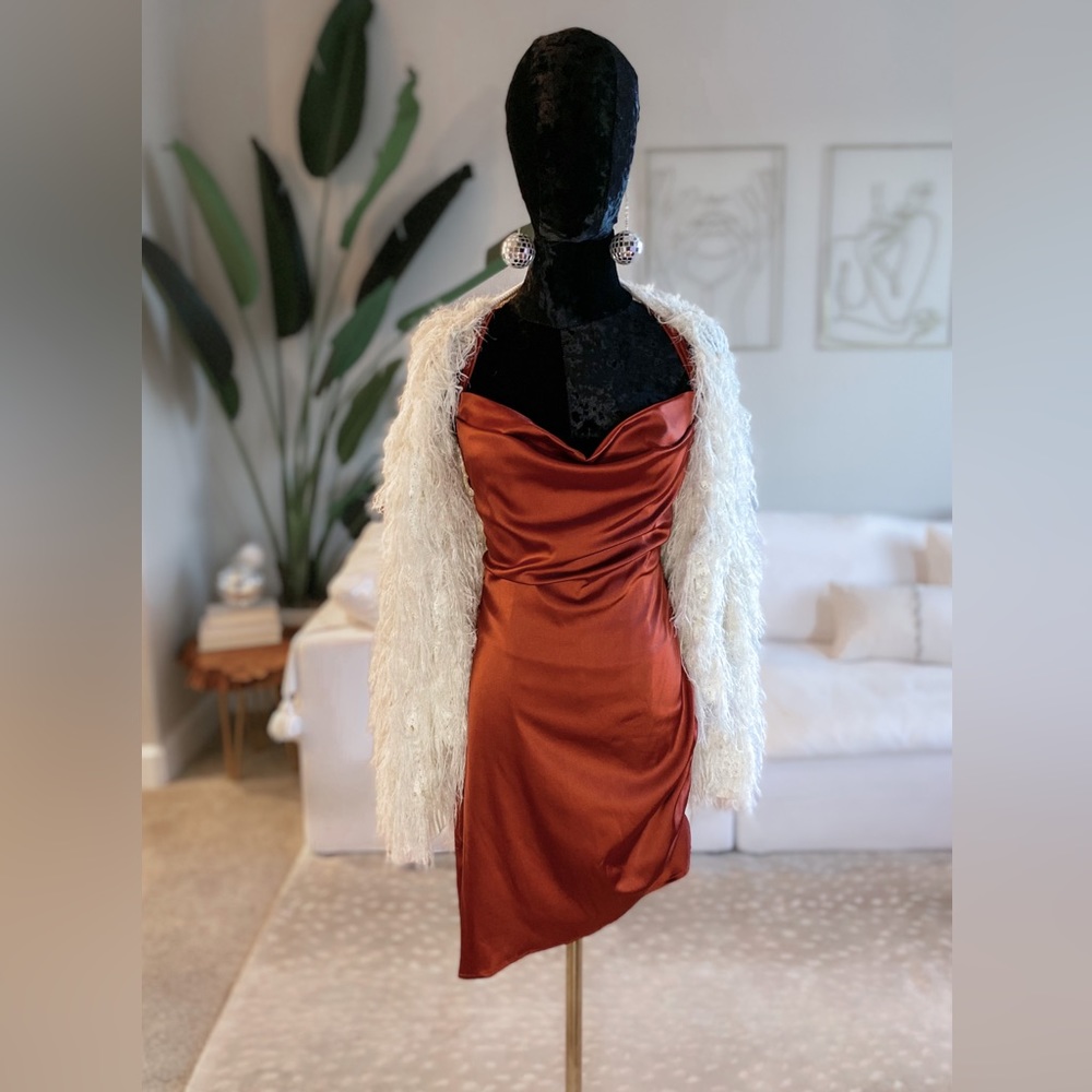 Rust + rouged cocktail dress
